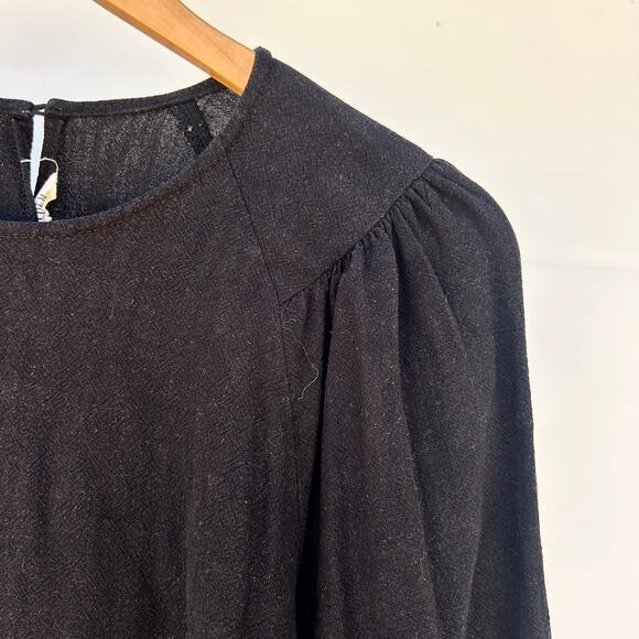 Ali Golden Black Long Sleeve Puff Shoulder Blouse Small Linen Shirt Top - Picture 6 of 10